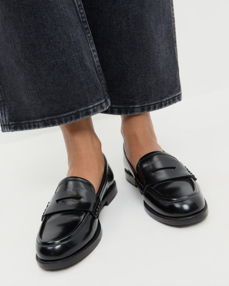 Rachel Black Leather Loafer in black leather and Molly Workwear Jean in washed black denim.