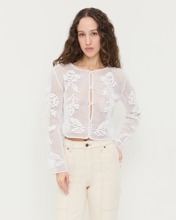 Rae Cardigan in cream hand crocheted cotton and Molly Workwear Jean in natural denim.