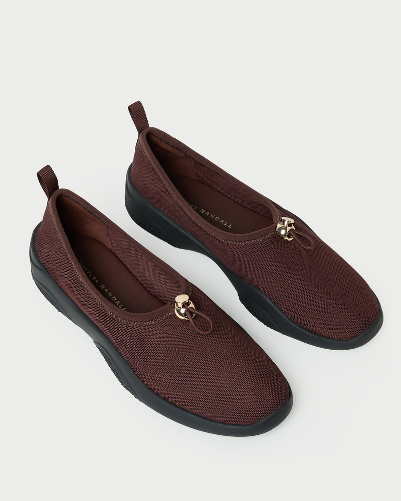 Raina Dark Brown Mesh Flat in dark brown mesh.