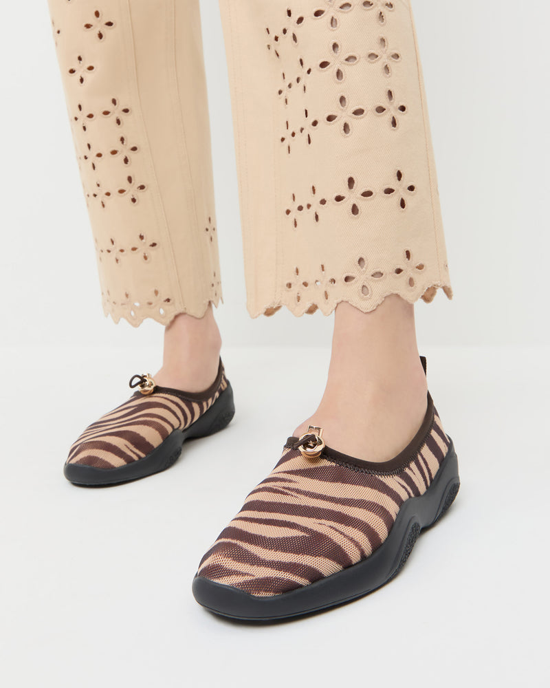 Raina Zebra Mesh Flat in zebra print mesh and Demi Embroidered Pant in tan cotton.