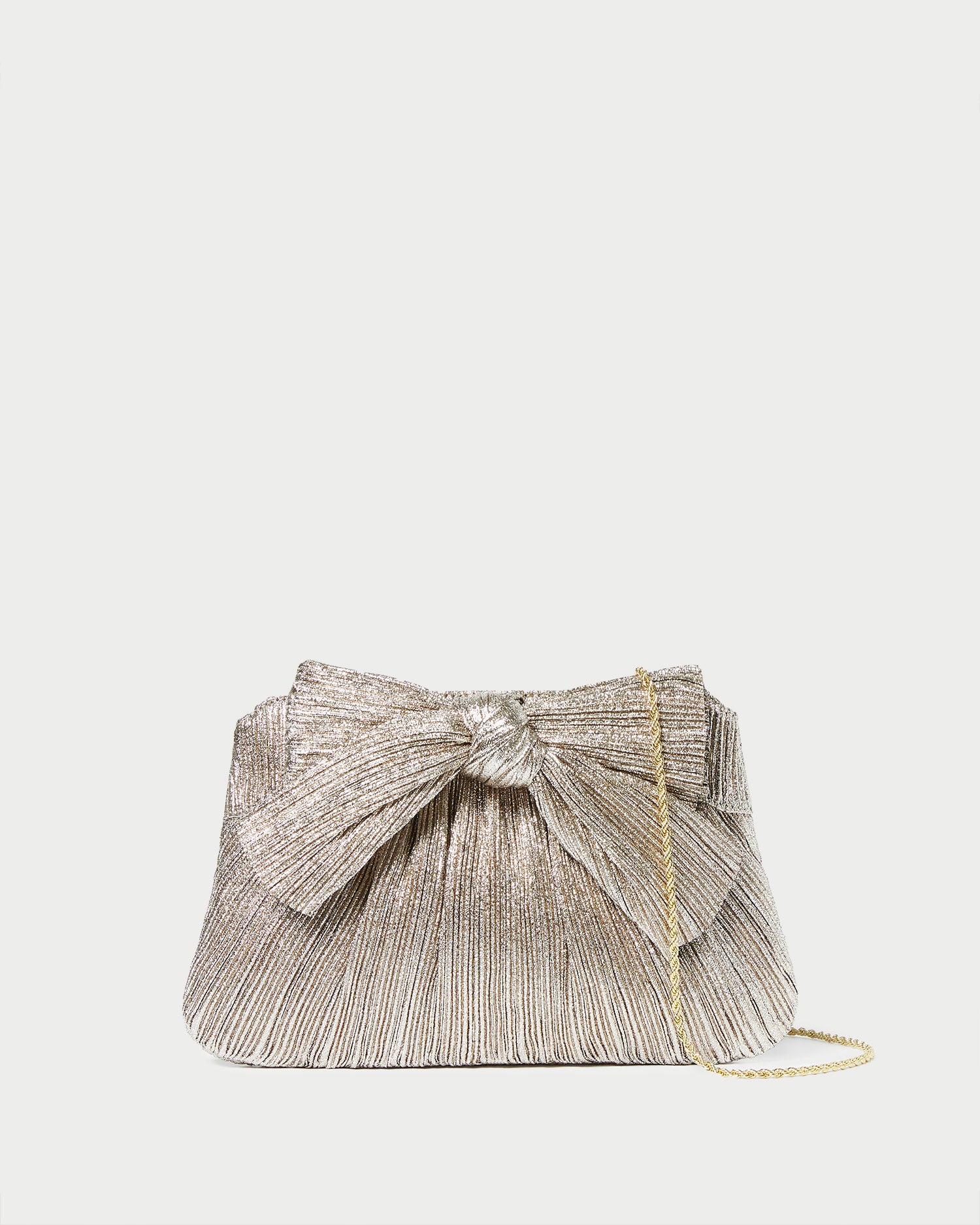 Loeffler Randall Rayne champagne lame bow clutch