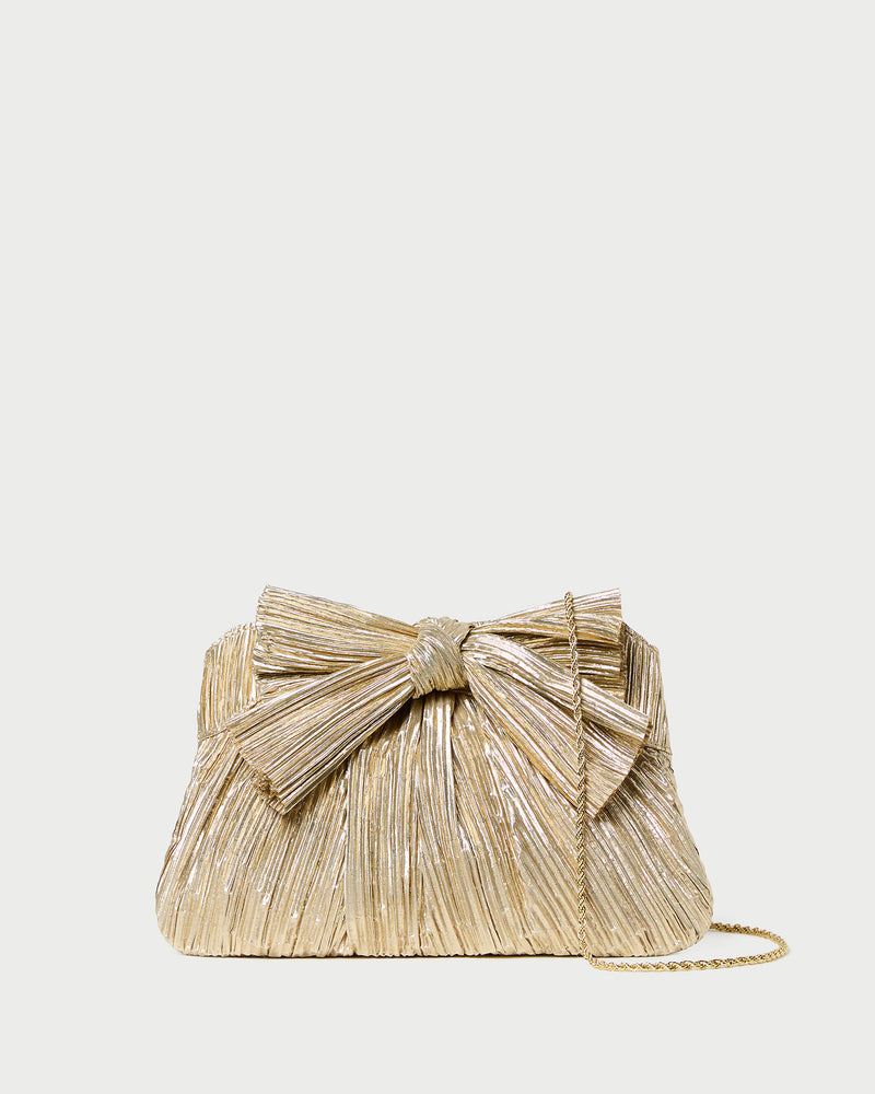 Rayne Gold Bow Clutch in pleated gold fabric.