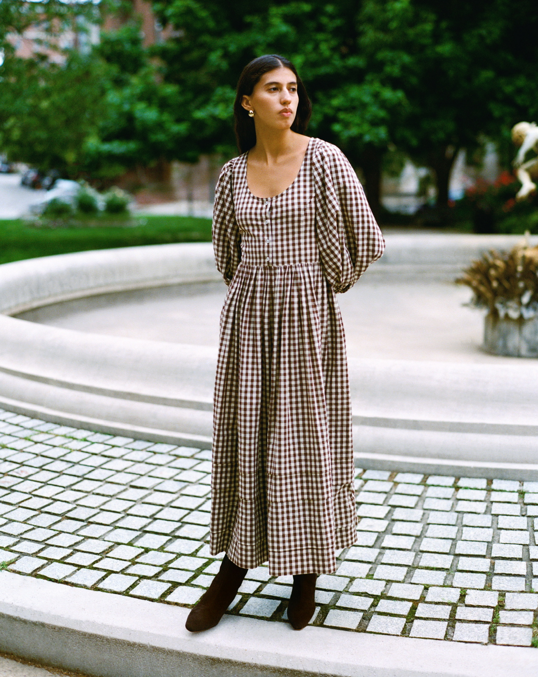 Diane Dress in brown cream gingham cotton and Cleo Brown Suede Mid-Calf Boot - Loeffler Randall