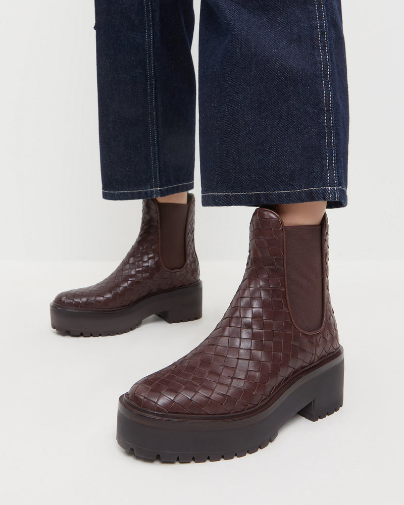 Reggie Espresso Woven Chelsea Boot in brown espresso woven leather and Molly Workwear Jean in dark blue denim.