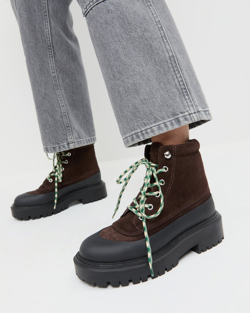 Remy Brown Suede Weather Boot in brown suede and Molly Workwear Jean in grey denim.