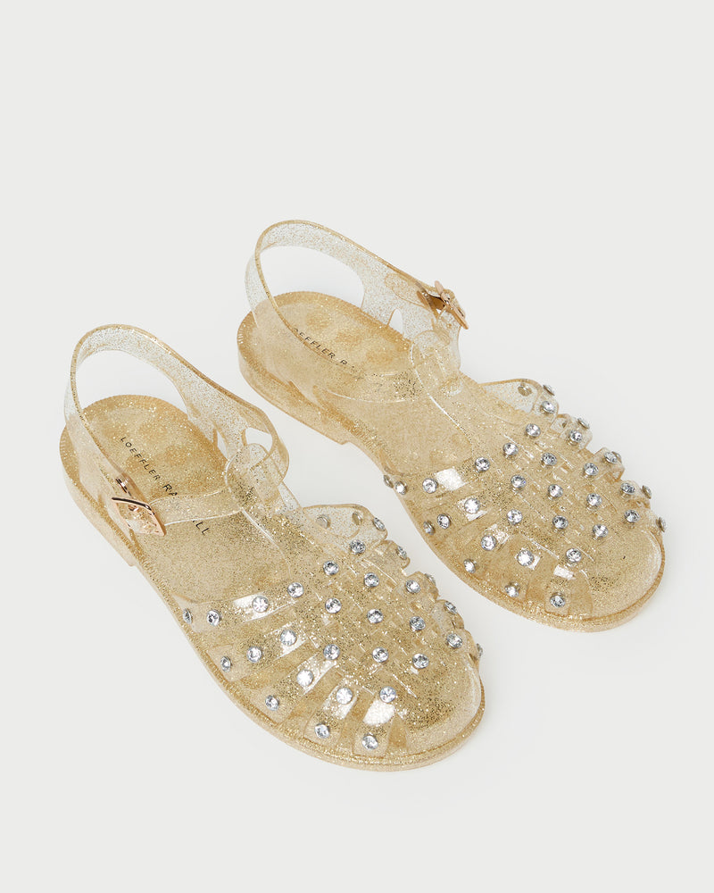 Rhys Champagne Jelly Sandal in champagne sparkly jelly material with crystal accents.