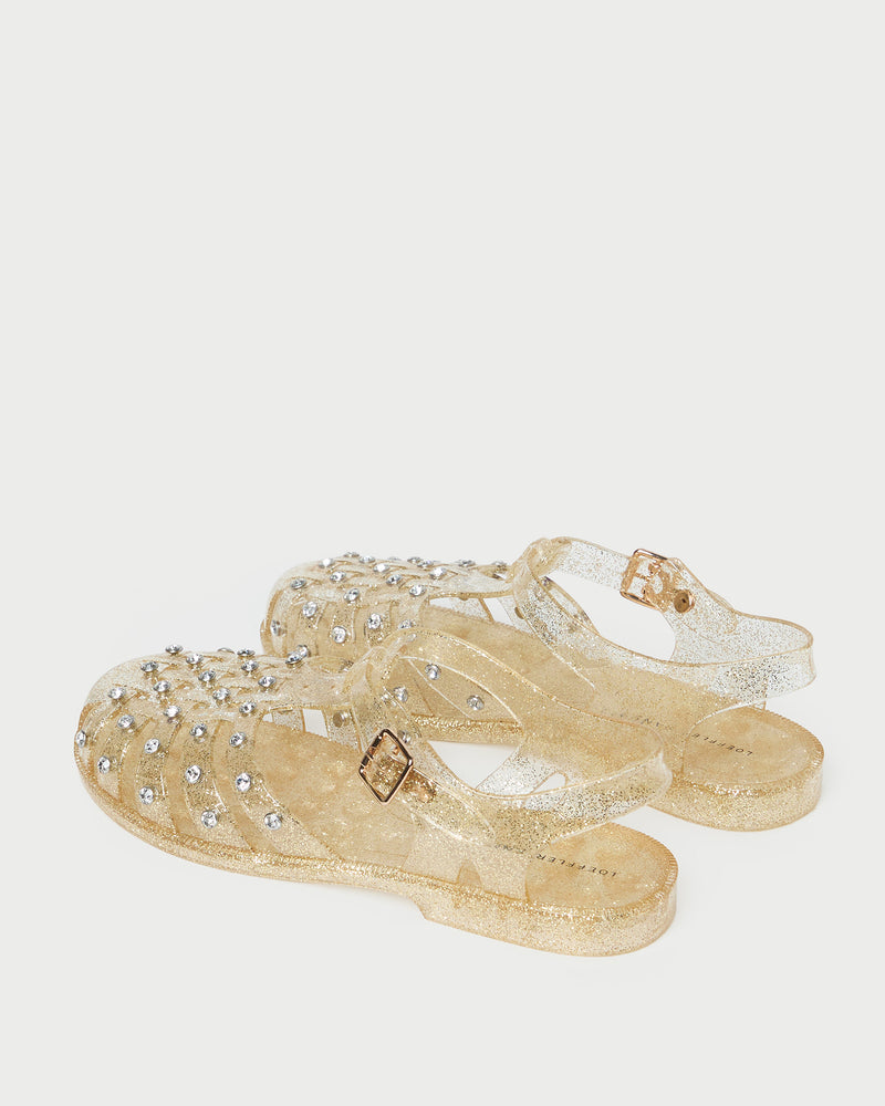 Rhys Champagne Jelly Sandal in champagne sparkly jelly material with crystal accents.