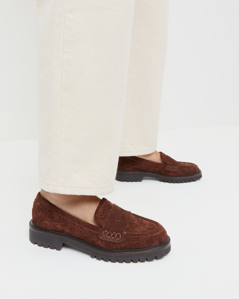 Rina Espresso Woven Suede Loafer in espresso brown woven suede and Winona Denim Pant in natural denim.