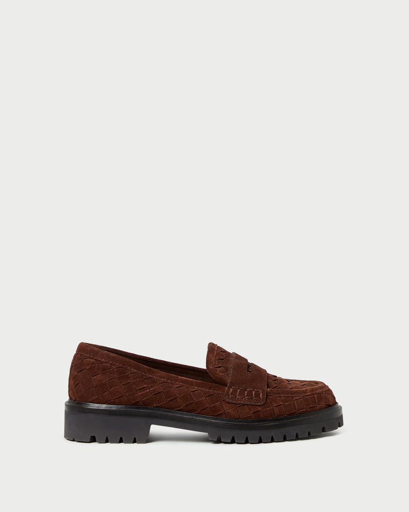 Rina Espresso Woven Suede Loafer in espresso brown woven suede.