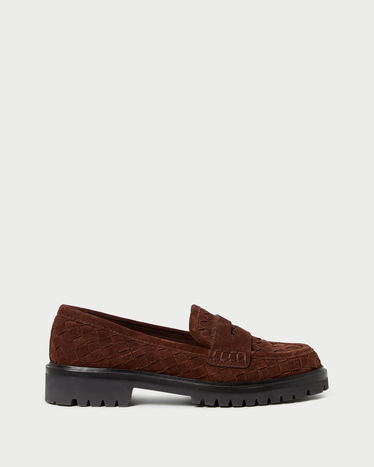 Rina Espresso Woven Suede Loafer in espresso brown woven suede.