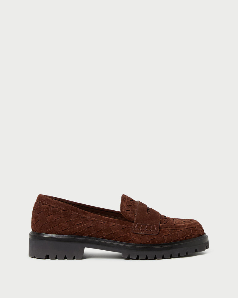 Rina Espresso Woven Suede Loafer in espresso brown woven suede.