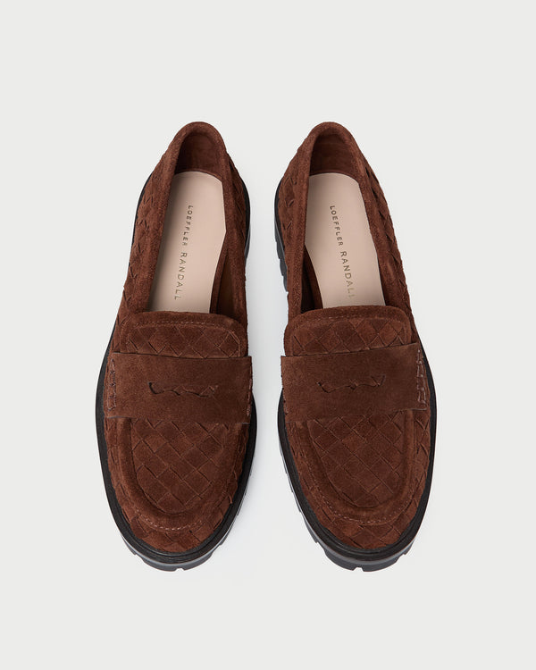 Rina Espresso Woven Suede Loafer in espresso brown woven suede.