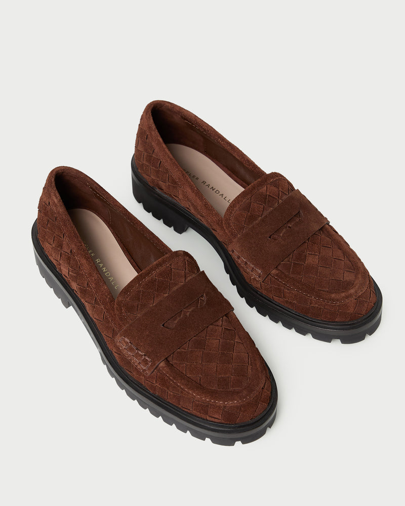 Rina Espresso Woven Suede Loafer in espresso brown woven suede.