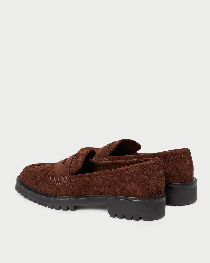 Rina Espresso Woven Suede Loafer in espresso brown woven suede.