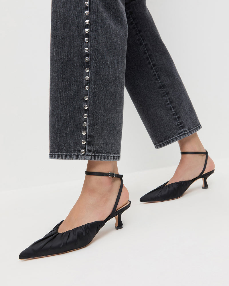 Rio Black Satin Kitten Heel in black satin and Winona Denim Barrel Pant in washed denim and silver stud.