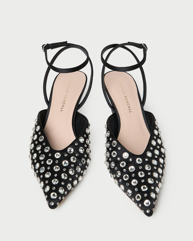 Rio Black/Crystal Kitten Heel in black satin with crystal accent.