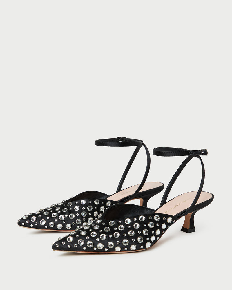 Rio Black/Crystal Kitten Heel in black satin with crystal accent.