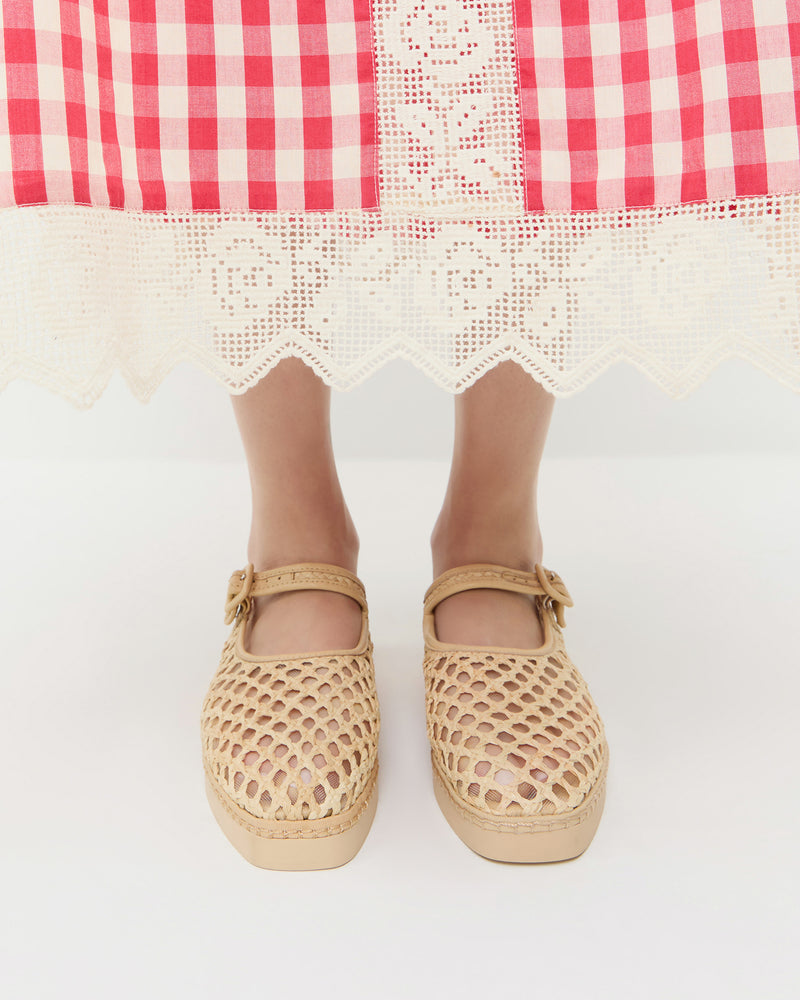 Rita Natural Netted Mary Jane in natural raffia and Poppy Lace Dress in red gingham with white lace.