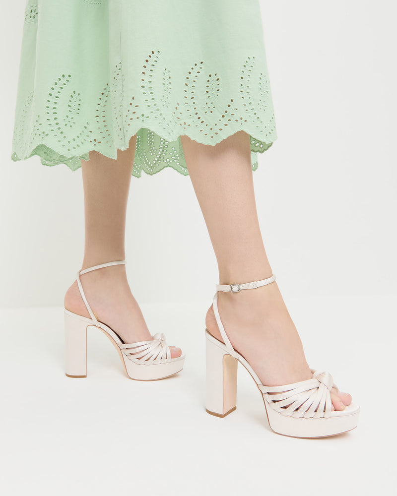 Rivka Cream Knot Platform Sandal in cream satin and Thelma Eyelet Dress in mint green cotton.