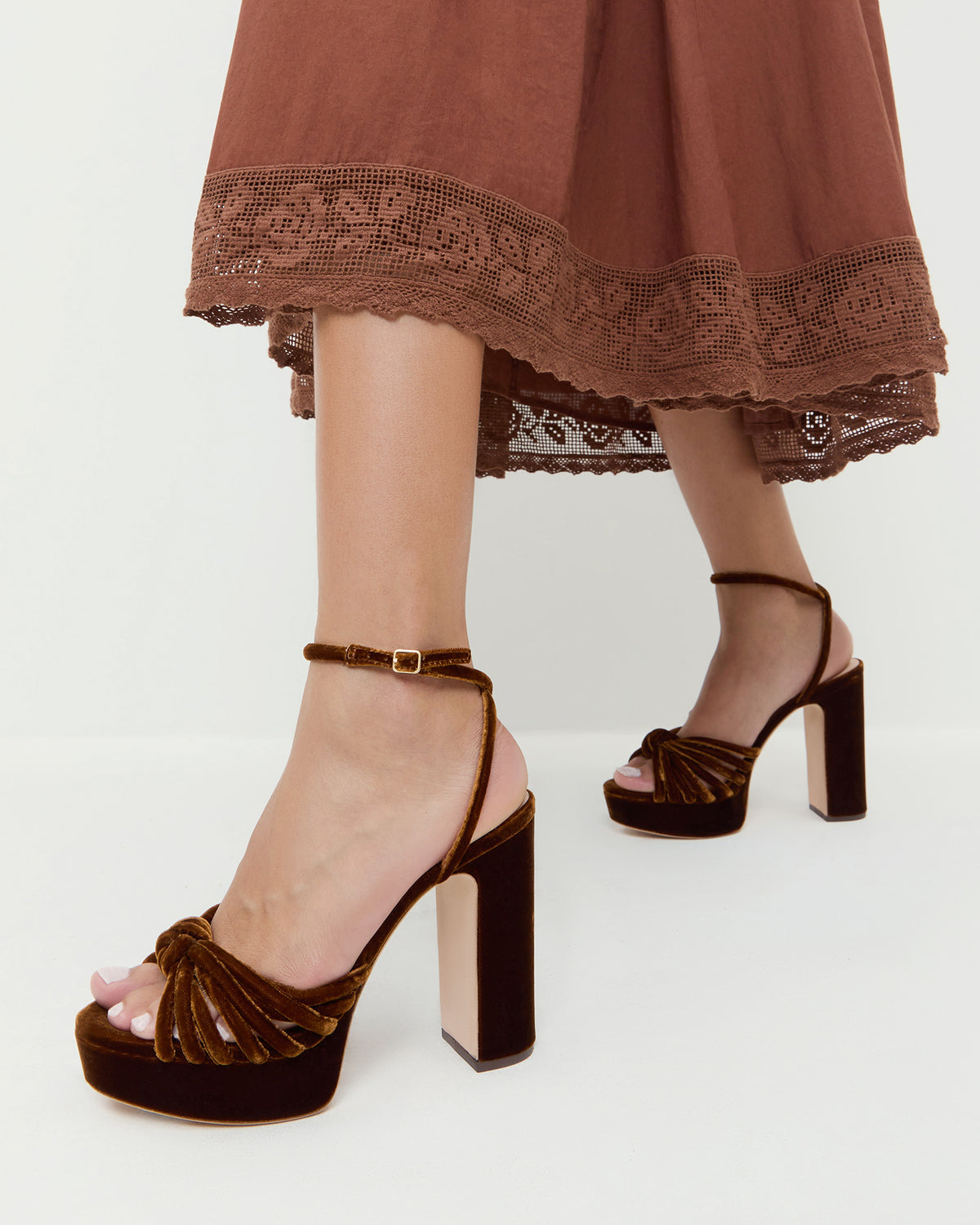 Rivka Brown Velvet Platform Sandal in dark brown velvet and Althea Dress in chestnut.