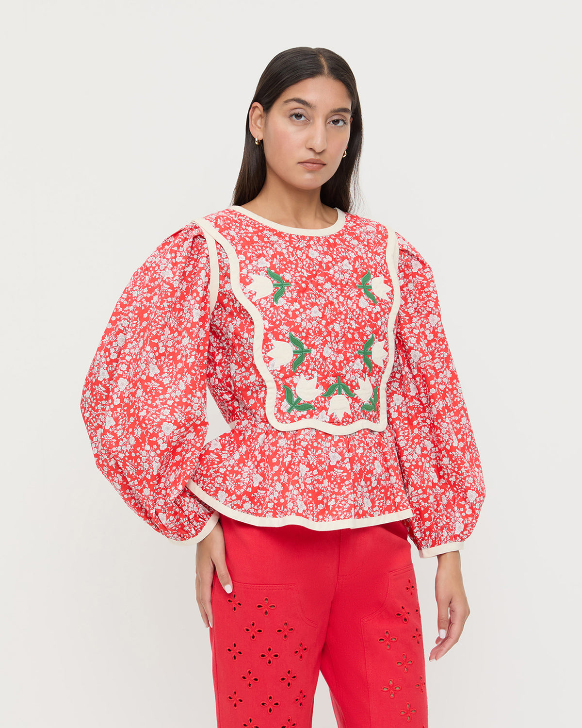 Rosa Top in red rosette floral cotton and Demi Embroidered Pant in red denim.