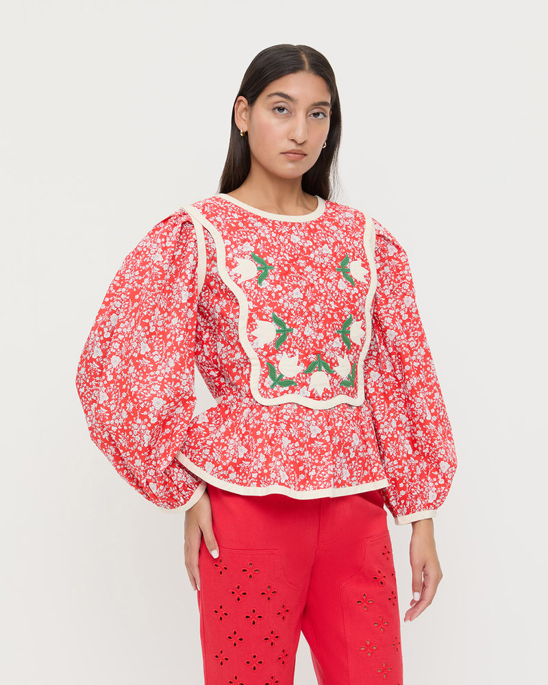 Rosa Top in red rosette floral cotton and Demi Embroidered Pant in red denim.