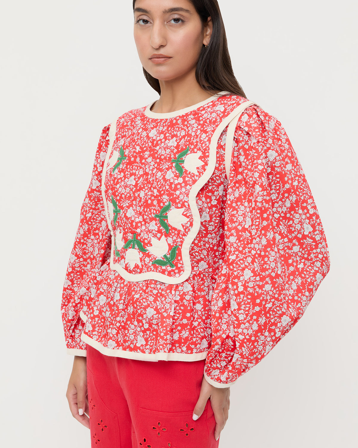 Rosa Top in red rosette floral cotton and Demi Embroidered Pant in red denim.