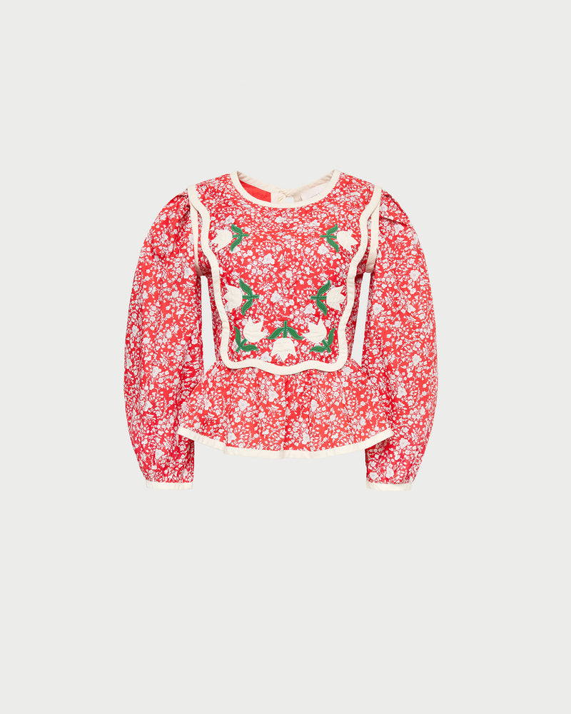 Rosa Top in red rosette floral cotton.