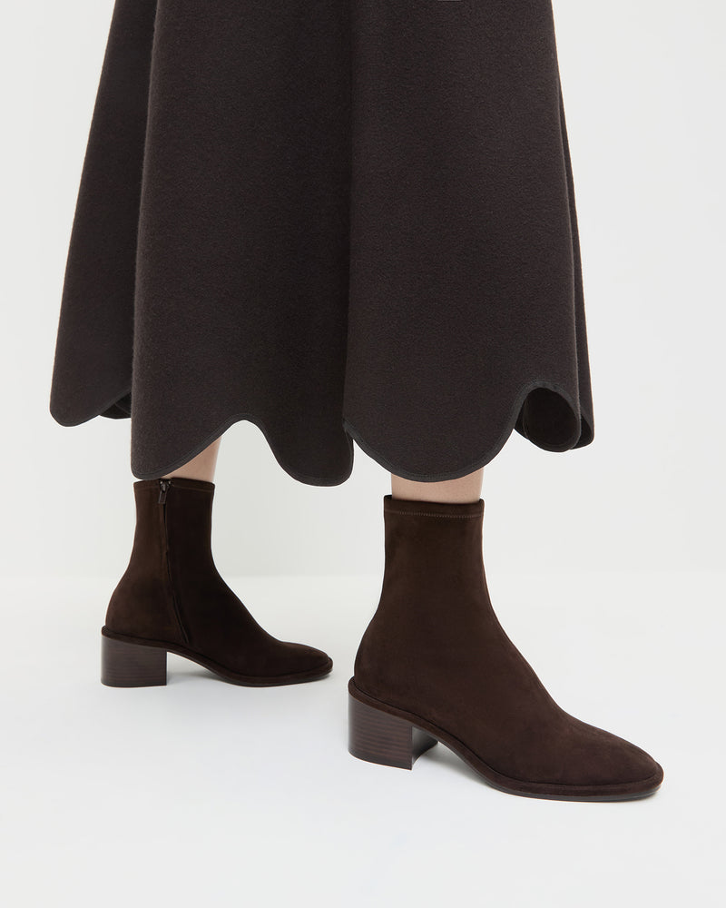 Roxy Brown Suede Ankle Bootie in brown suede and Linnea Skirt in brown wool.
