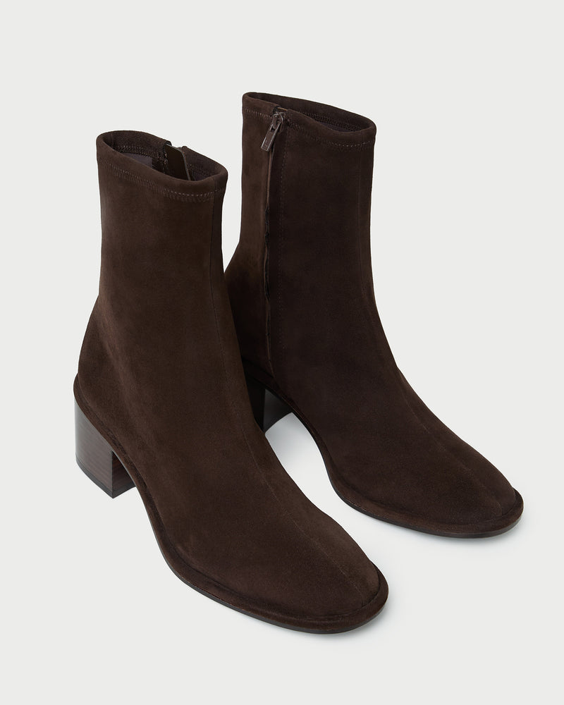 Roxy Brown Suede Ankle Bootie in brown suede.