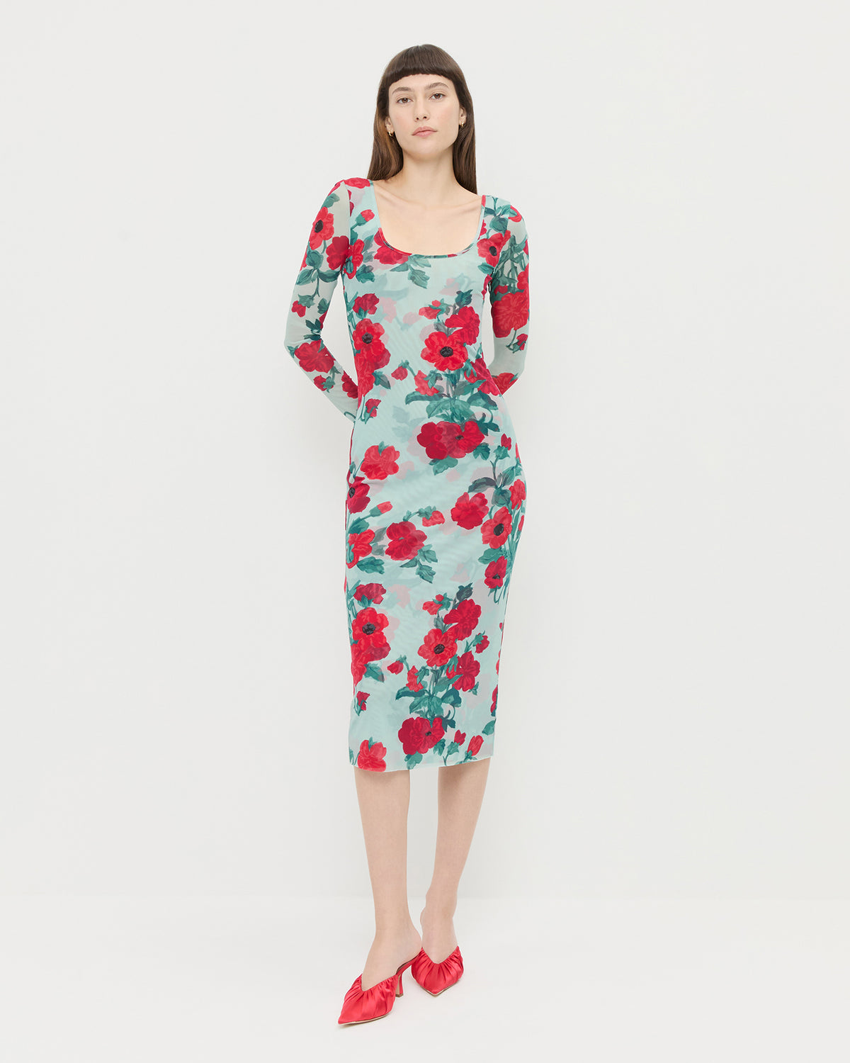 Samara Dress in mint floral mesh fabric and Inez Red Satin Mid-Heel Mule.