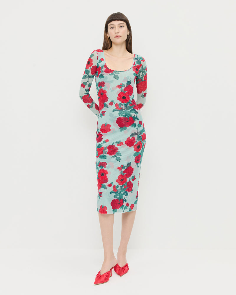 Samara Dress in mint floral mesh fabric and Inez Red Satin Mid-Heel Mule.