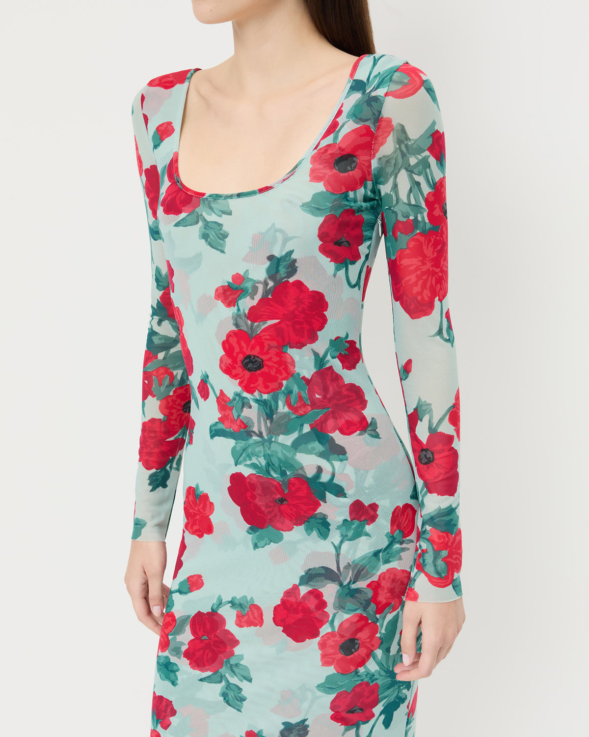 Samara Dress in mint floral mesh fabric.