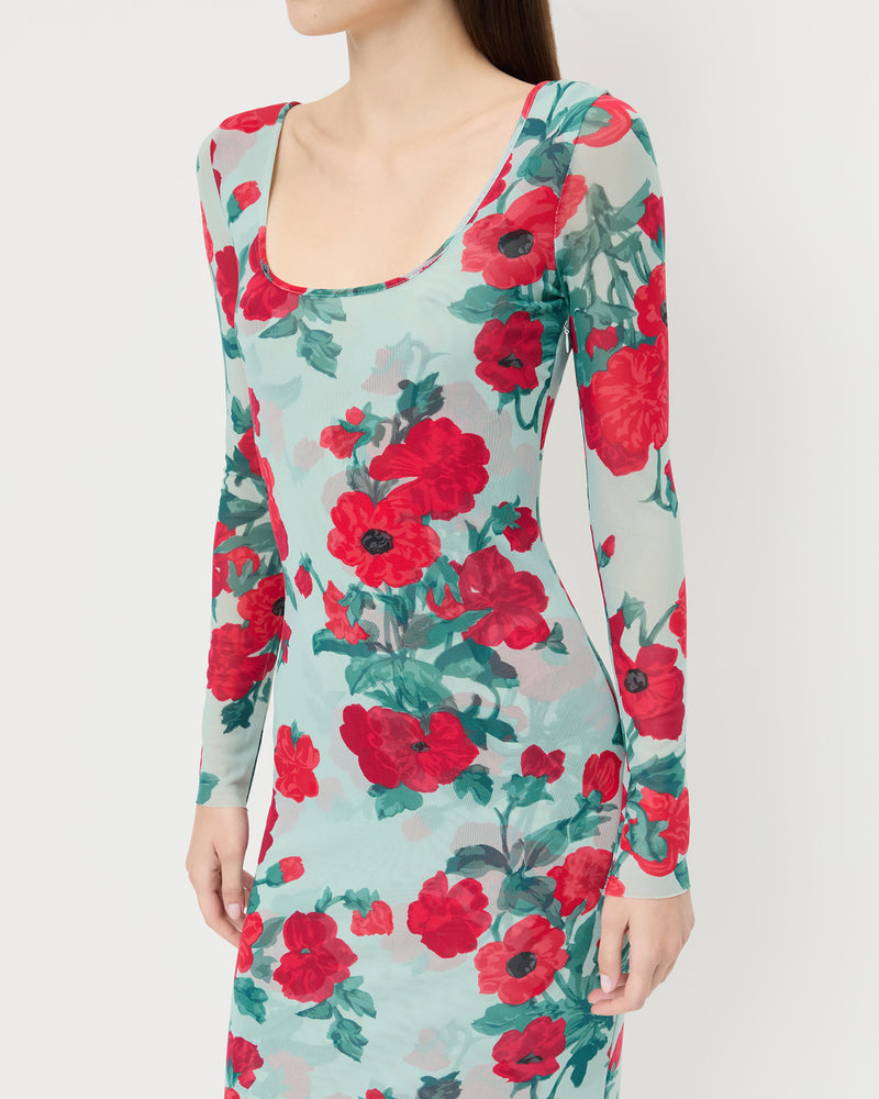 Samara Dress in mint floral mesh fabric.