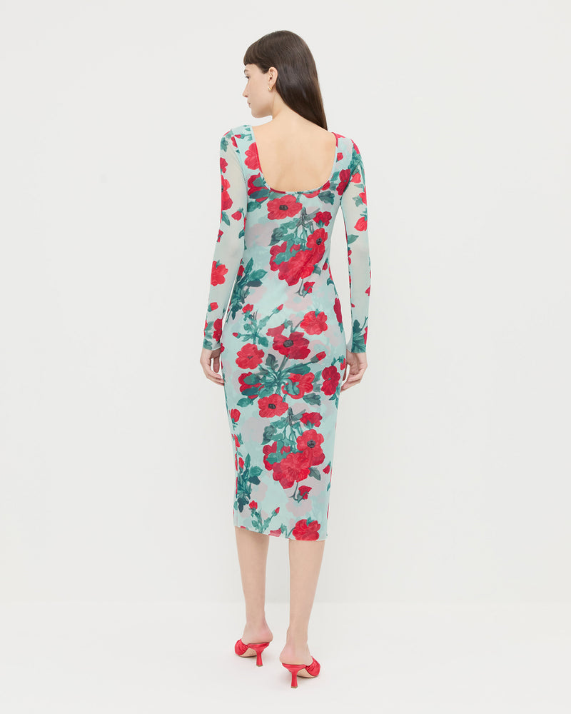 Samara Dress in mint floral mesh fabric and Inez Red Satin Mid-Heel Mule.