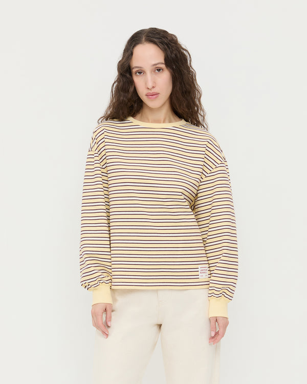 Scout Long-Sleeve Top in butter and maroon striped jersey cotton and Winona Denim Pant in natural denim.