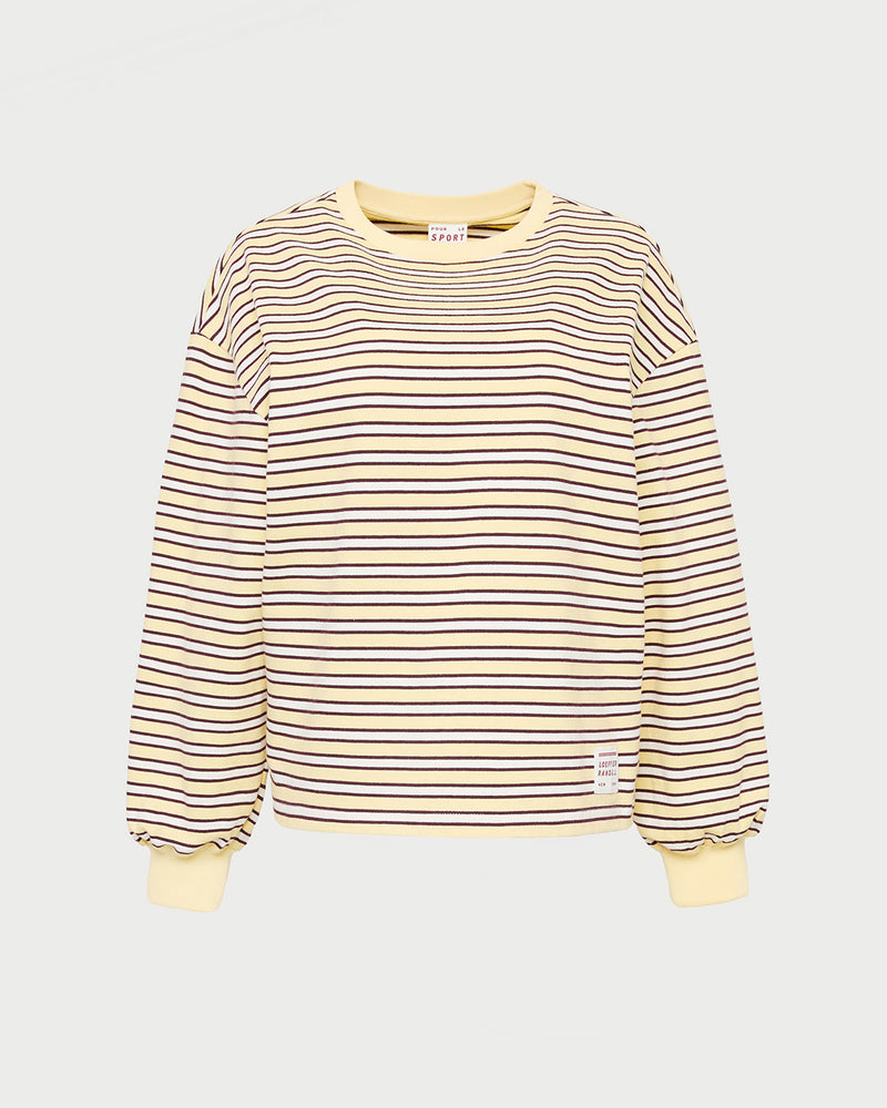 Scout Long-Sleeve Top in butter and maroon striped jersey cotton.