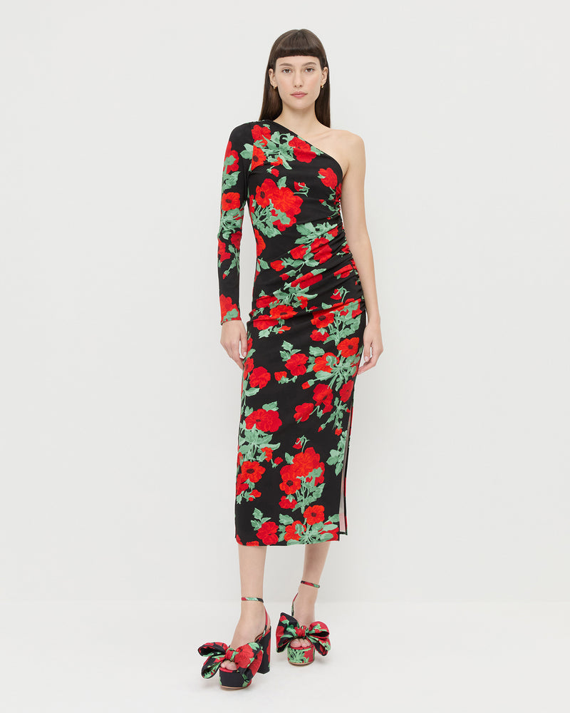 Selena Dress in black floral jersey fabric and Kiki Black Floral Platform Sandal.