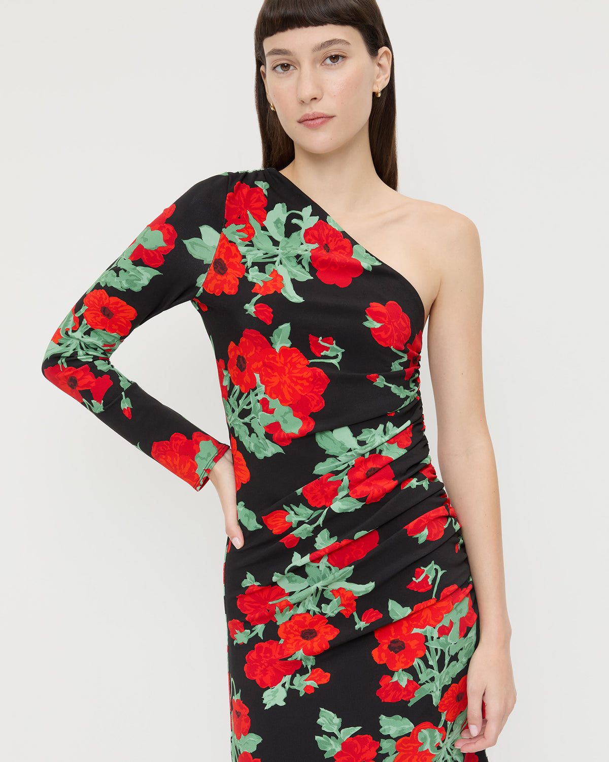 Selena Dress in black floral jersey fabric.