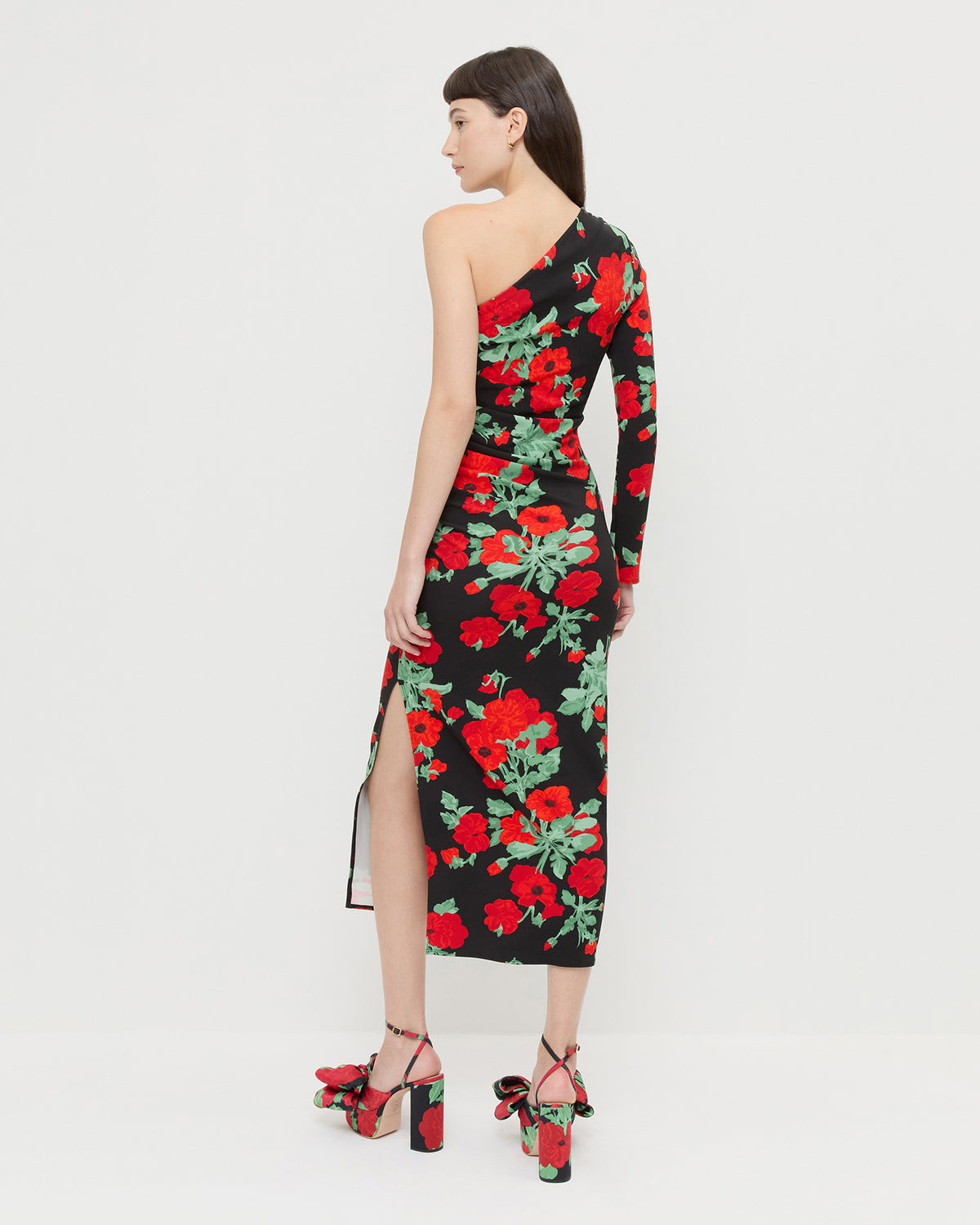 Selena Dress in black floral jersey fabric and Kiki Black Floral Platform Sandal.