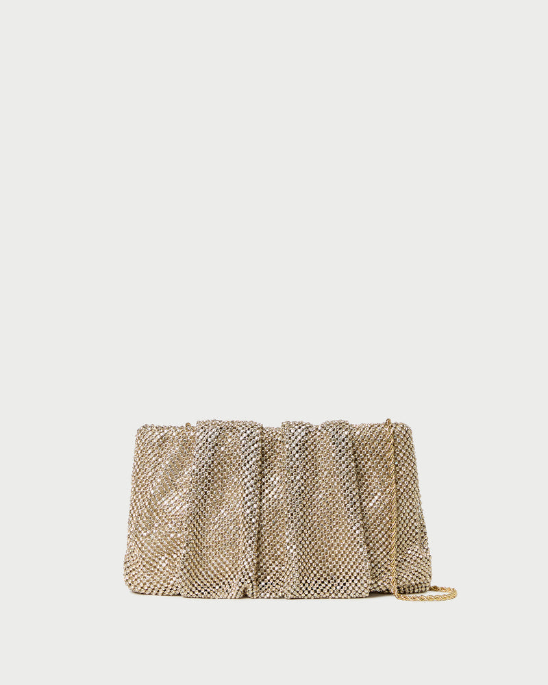 Serena Gold Diamanté Gathered Clutch in gold diamanté.