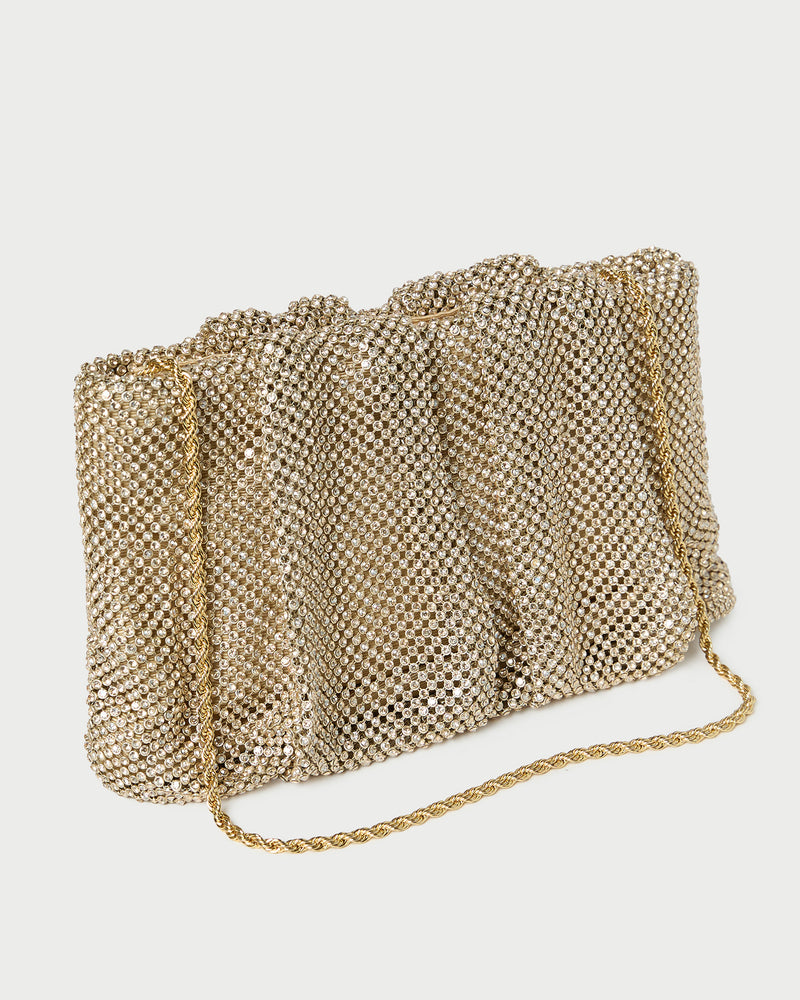 Serena Gold Diamanté Gathered Clutch in gold diamanté.