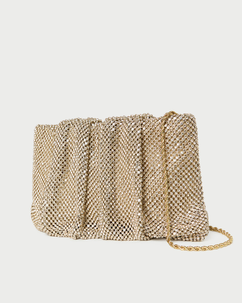 Serena Gold Diamanté Gathered Clutch in gold diamanté.