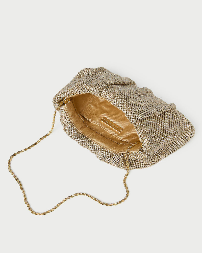 Serena Gold Diamanté Gathered Clutch in gold diamanté.
