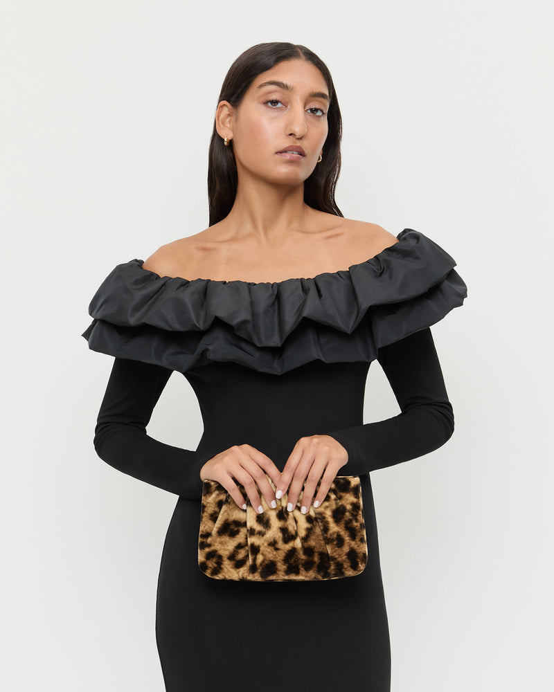 Serena Leopard Gathered Velvet Clutch in leopard print velvet and Suki Dress in black jersey fabric.