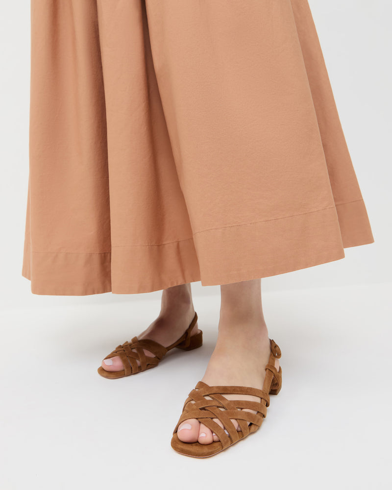 Shelly Cacao Suede Flat Sandal in cacao brown suede and Estelle Dress in light brown cotton.