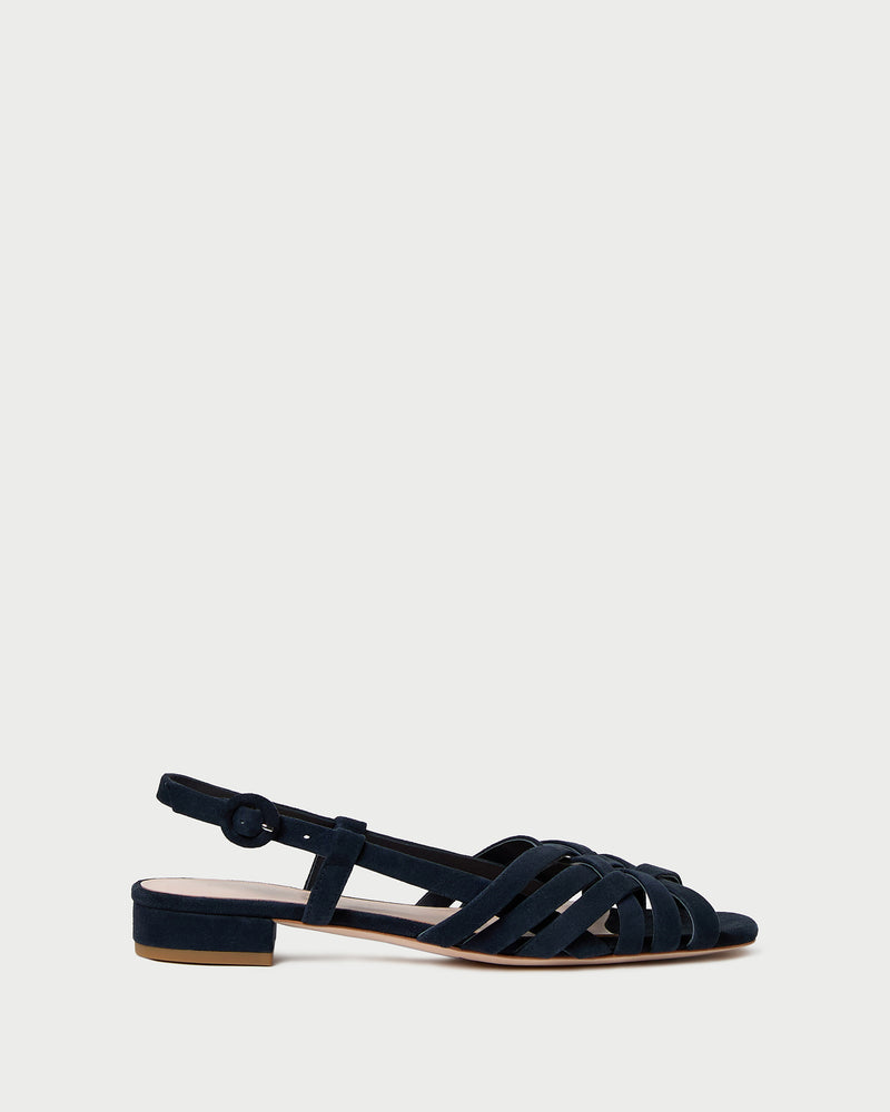 Shelly Navy Suede Flat Sandal in navy blue suede.