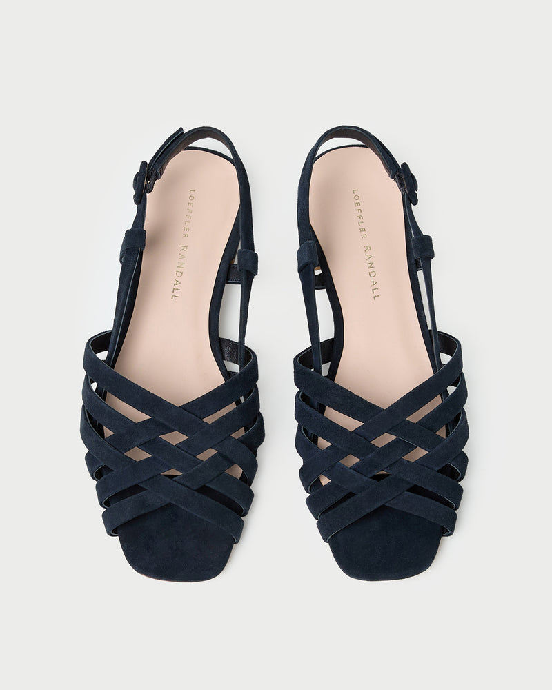Shelly Navy Suede Flat Sandal in navy blue suede.