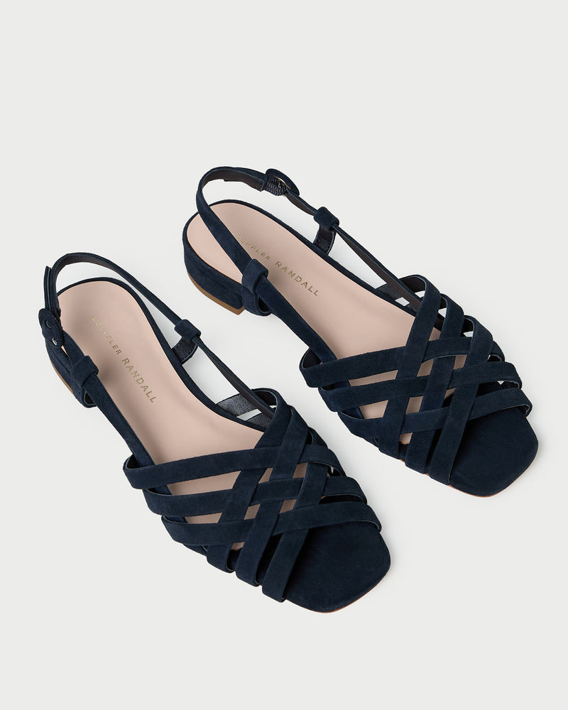 Shelly Navy Suede Flat Sandal in navy blue suede.