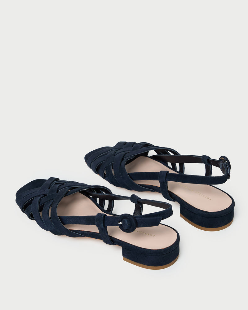 Shelly Navy Suede Flat Sandal in navy blue suede.